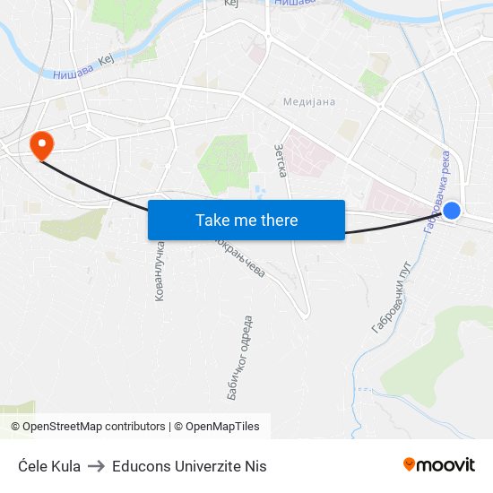 Ćele Kula to Educons Univerzite Nis map