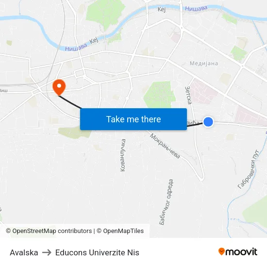 Avalska to Educons Univerzite Nis map