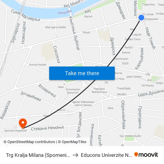 Trg Kralja Milana (Spomenik) to Educons Univerzite Nis map