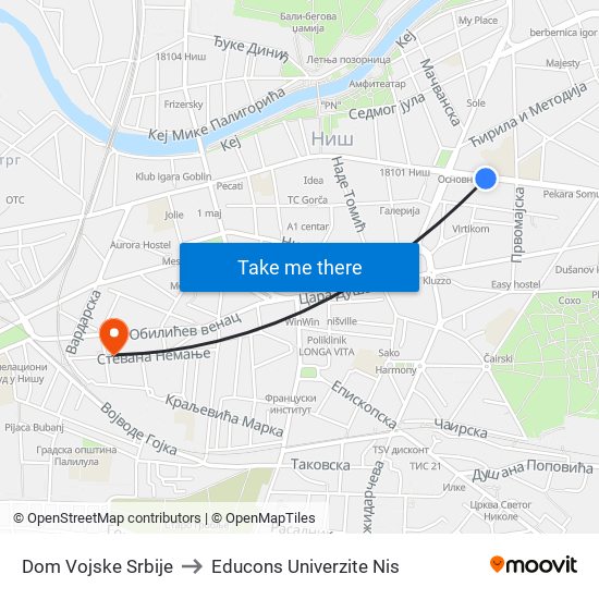 Dom Vojske Srbije to Educons Univerzite Nis map