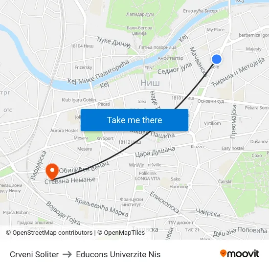 Red High-rise to Educons University Nis map