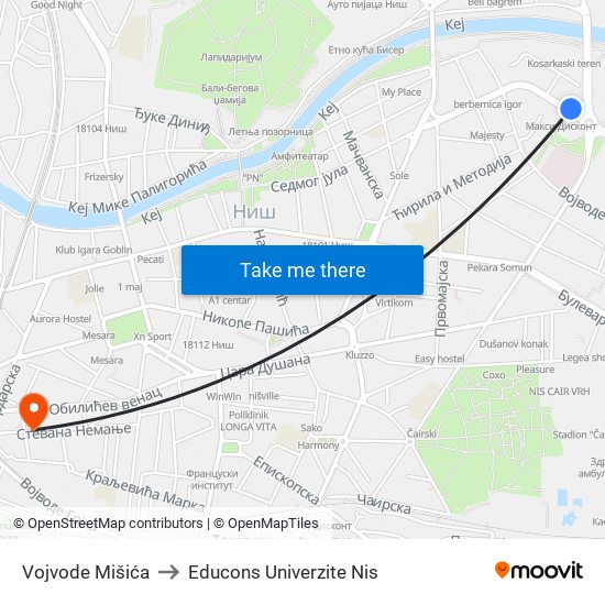 Vojvode Mišića to Educons Univerzite Nis map