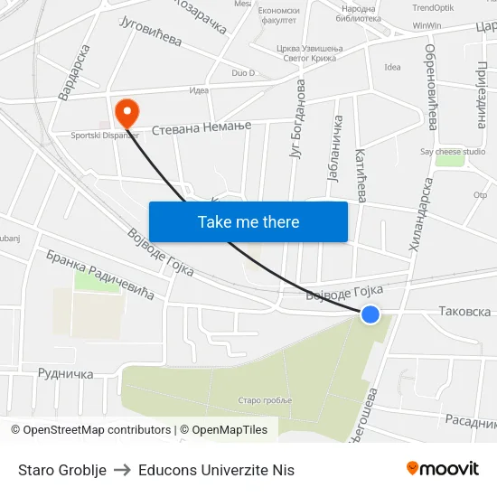 Old Cemetery to Educons University Nis map