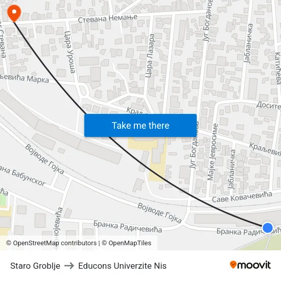 Old Cemetery to Educons University Nis map