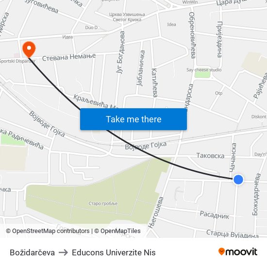 Božidarčeva to Educons Univerzite Nis map