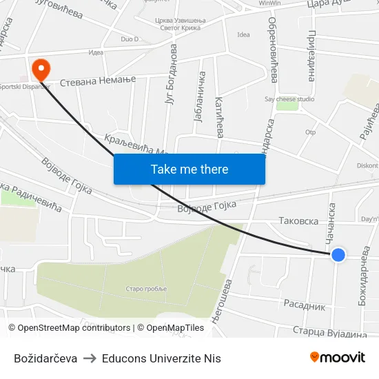 Bozidar Street to Educons University Nis map
