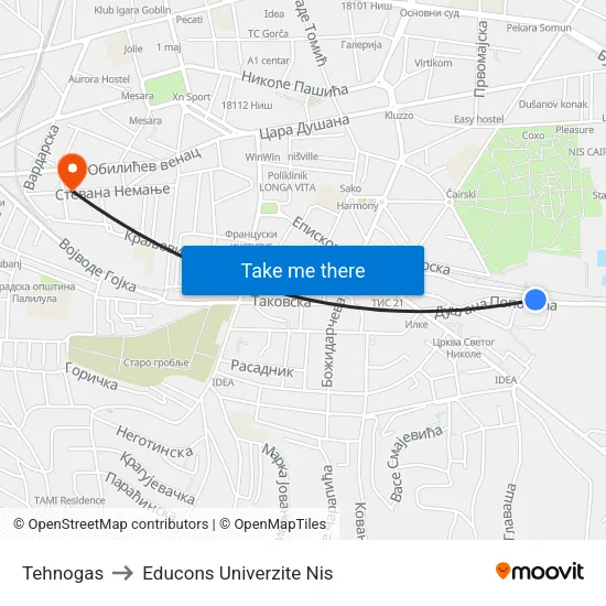Tehnogas to Educons University Nis map