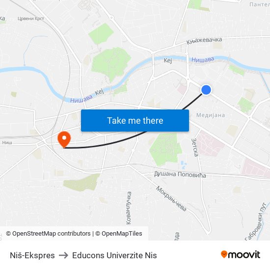 Niš-Ekspres to Educons Univerzite Nis map