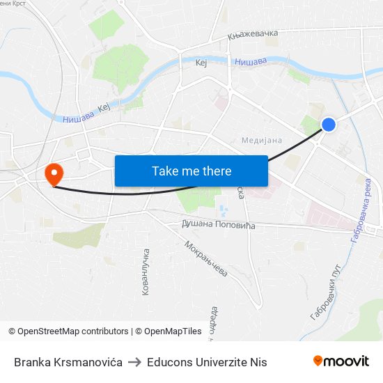 Branka Krsmanovića to Educons Univerzite Nis map