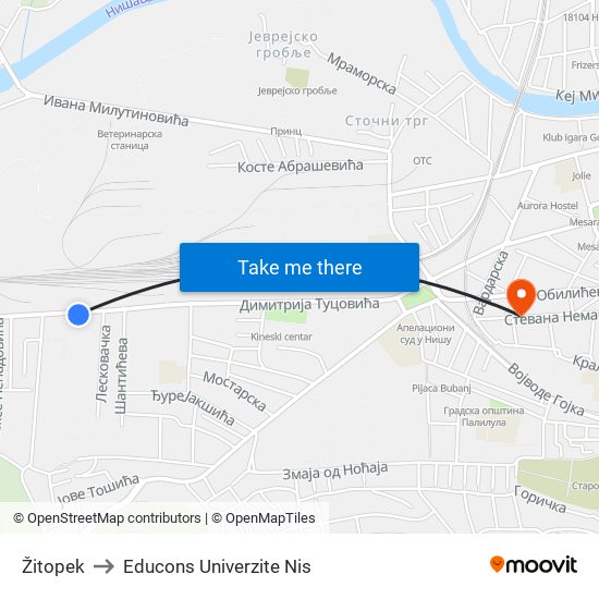 Žitopek to Educons Univerzite Nis map