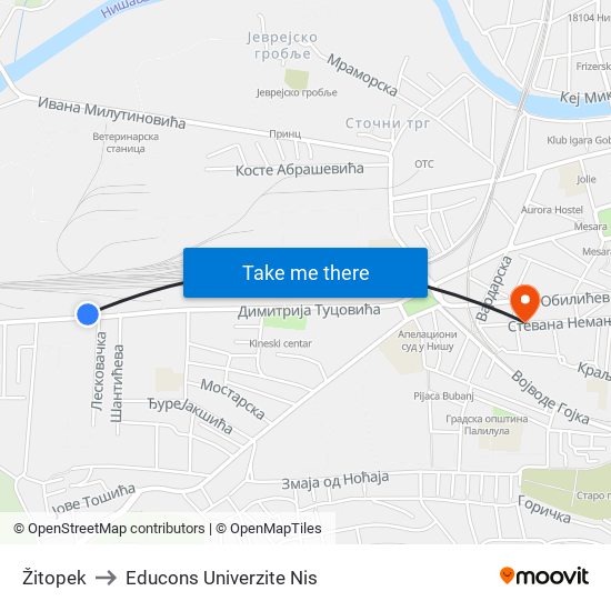 Žitopek to Educons Univerzite Nis map