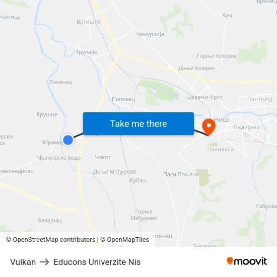 Vulkan to Educons University Nis map