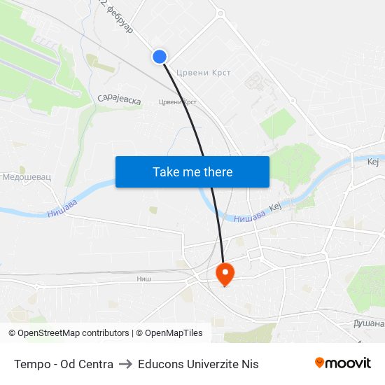 Tempo - Od Centra to Educons Univerzite Nis map