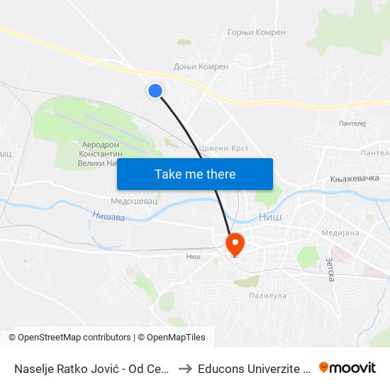 Naselje Ratko Jović - Od Centra to Educons Univerzite Nis map