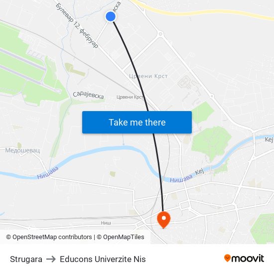 Strugara to Educons Univerzite Nis map