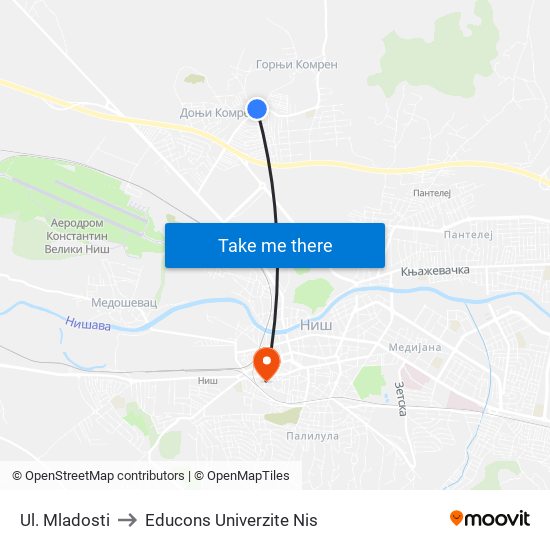 Ul. Mladosti to Educons Univerzite Nis map