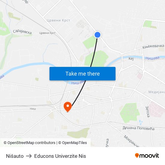 Nišauto to Educons Univerzite Nis map