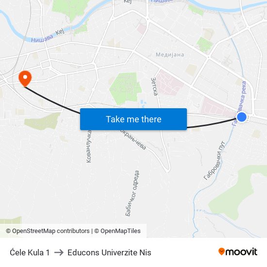 Ćele Kula 1 to Educons Univerzite Nis map