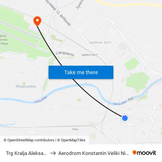 Trg Kralja Aleksandra to Aerodrom Konstantin Veliki Niš (INI) map