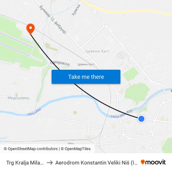 Trg Kralja Milana to Aerodrom Konstantin Veliki Niš (INI) map