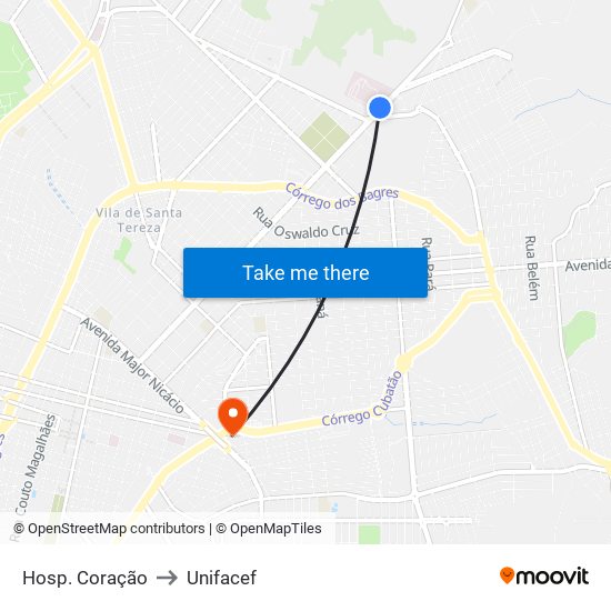 Hosp. Coração to Unifacef map