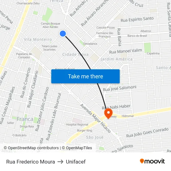 Rua Frederico Moura to Unifacef map