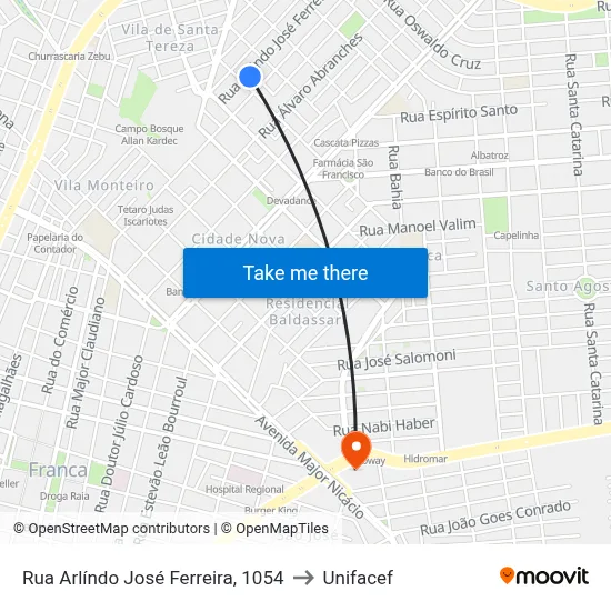 Rua Arlíndo José Ferreira, 1054 to Unifacef map