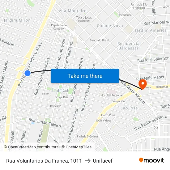 Rua Voluntários Da Franca, 1011 to Unifacef map