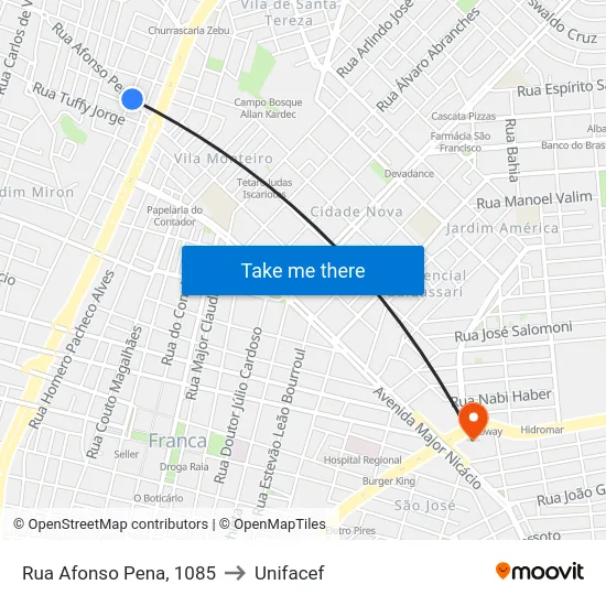 Rua Afonso Pena, 1085 to Unifacef map
