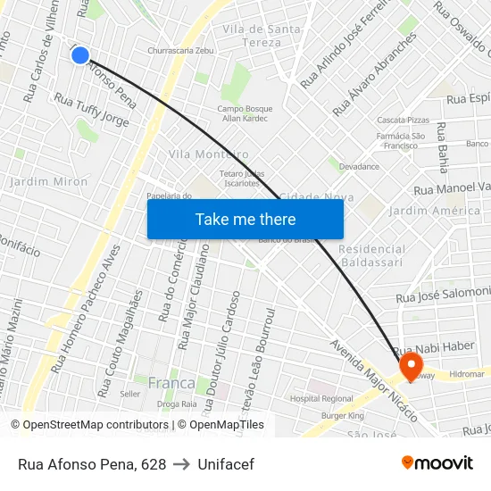 Rua Afonso Pena, 628 to Unifacef map