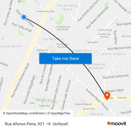 Rua Afonso Pena, 921 to Unifacef map