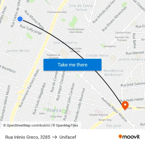 Rua Irênio Greco, 3285 to Unifacef map
