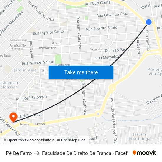 Pé De Ferro to Faculdade De Direito De Franca - Facef map