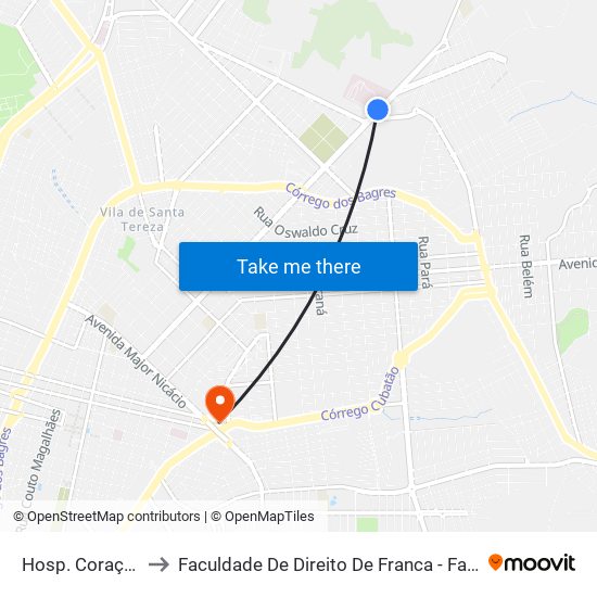 Hosp. Coração to Faculdade De Direito De Franca - Facef map