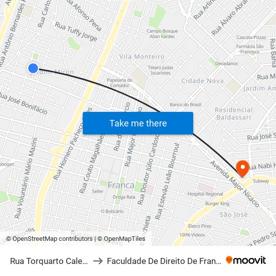 Rua Torquarto Caleiro, 463 to Faculdade De Direito De Franca - Facef map