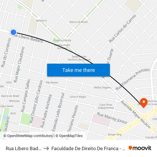 Rua Líbero Badaró to Faculdade De Direito De Franca - Facef map