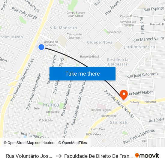 Rua Voluntário José Rufino to Faculdade De Direito De Franca - Facef map