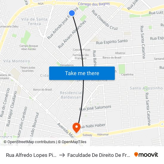 Rua Alfredo Lopes Pinto, 1120 to Faculdade De Direito De Franca - Facef map