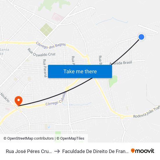 Rua José Péres Cruz, 1170 to Faculdade De Direito De Franca - Facef map