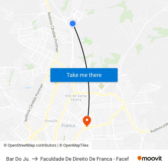 Bar Do Ju. to Faculdade De Direito De Franca - Facef map