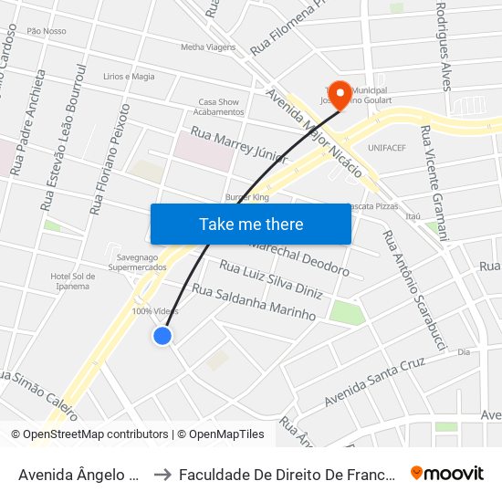 Avenida Ângelo Pedro to Faculdade De Direito De Franca - Facef map