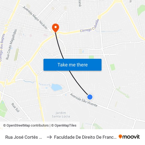 Rua José Cortês Gomes to Faculdade De Direito De Franca - Facef map