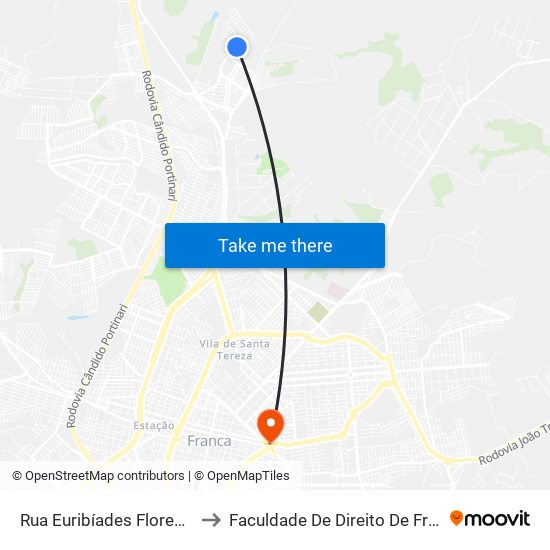 Rua Euribíades Florentino Mota to Faculdade De Direito De Franca - Facef map