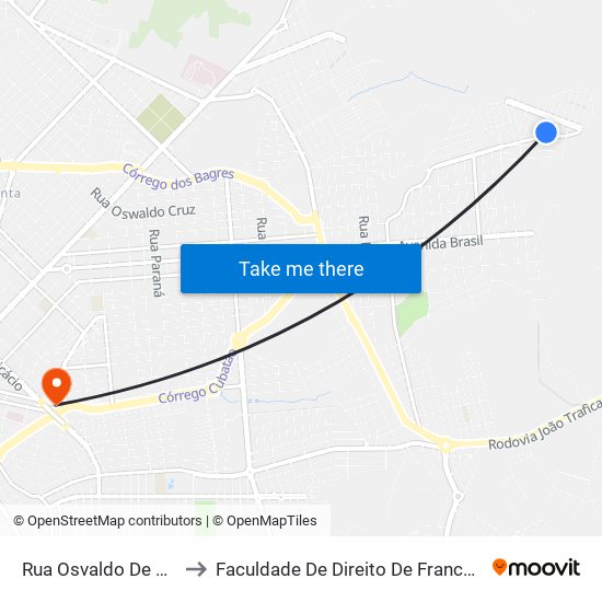 Rua Osvaldo De Souza to Faculdade De Direito De Franca - Facef map