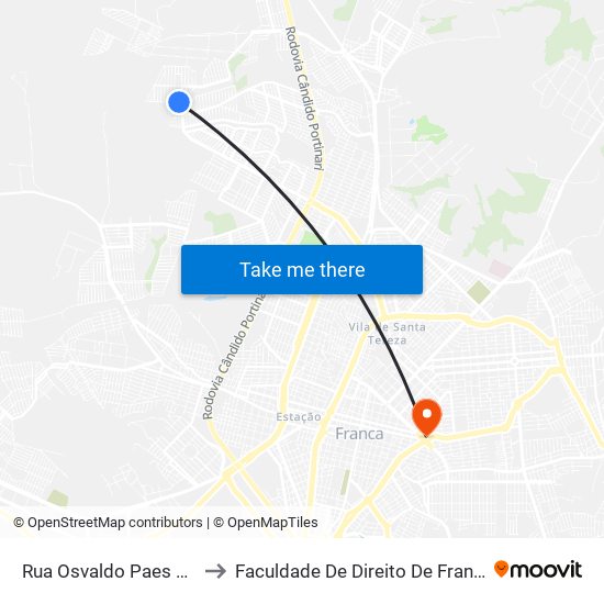 Rua Osvaldo Paes De Melo to Faculdade De Direito De Franca - Facef map