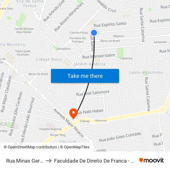 Rua Minas Gerais to Faculdade De Direito De Franca - Facef map