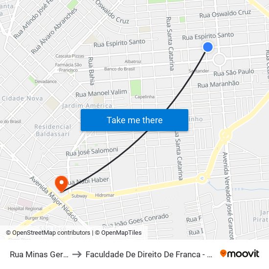 Rua Minas Gerais to Faculdade De Direito De Franca - Facef map