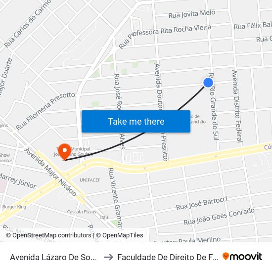 Avenida Lázaro De Souza Campos to Faculdade De Direito De Franca - Facef map