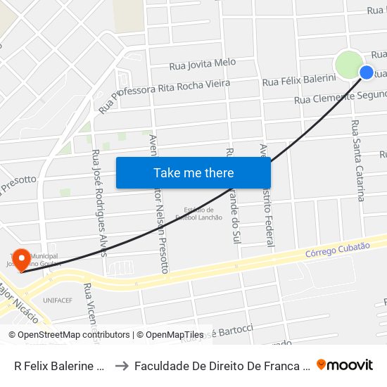 R Felix Balerine 1226 to Faculdade De Direito De Franca - Facef map