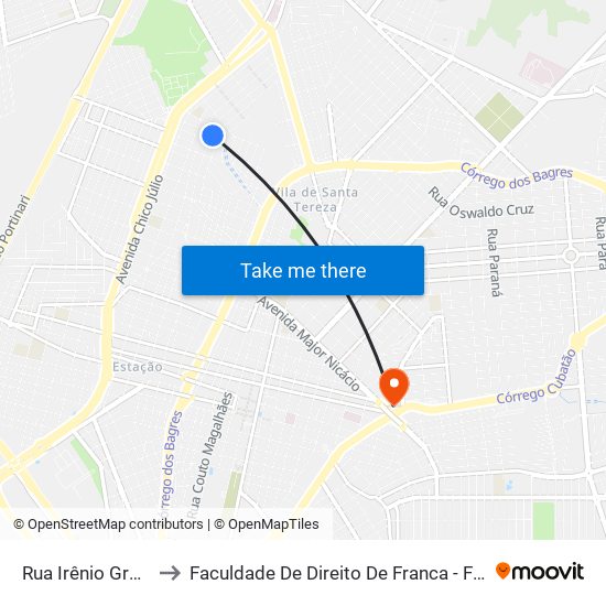 Rua Irênio Greco to Faculdade De Direito De Franca - Facef map